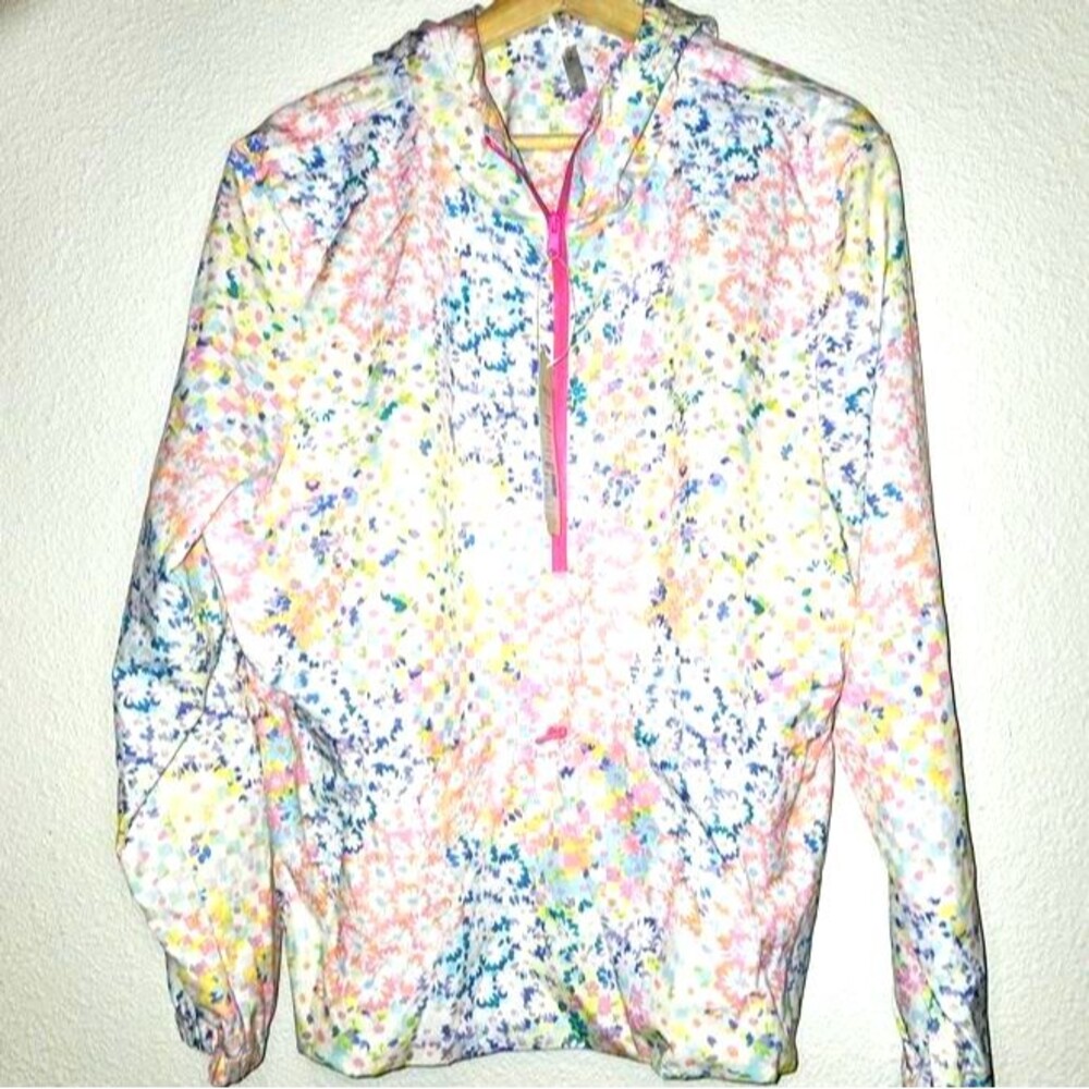FABLETICS Windbreaker Jacket Hooded Zipper White/Pink Floral Women Large NEW NWT - Picture 3 of 9